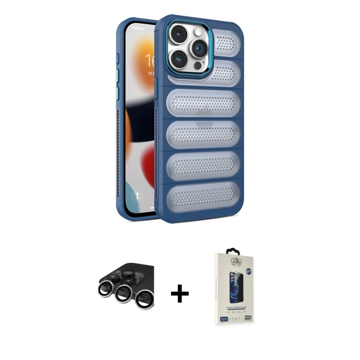 MARSİLYAN™- iPhone 15 Pro Max Kılıf Yadigar Doku Özel Seri - Siyah Bilvis Hayalet Cam Ekran Koruyucu + Raze Metal Kamera Lens - GS