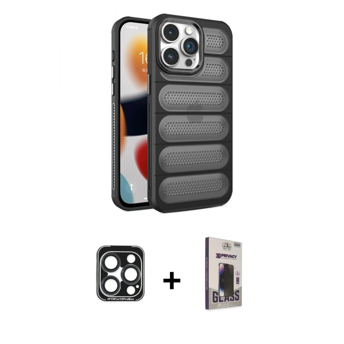 MARSİLYAN™- iPhone 15 Pro Max Kılıf Yadigar Doku Özel Seri - Siyah Bilvis Hayalet Cam Ekran Koruyucu + PVD Metal Kamera Lens - LT