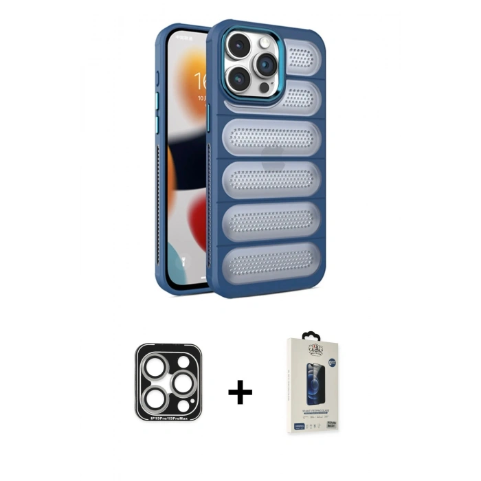 MARSİLYAN™- iPhone 15 Pro Max Kılıf Yadigar Doku Özel Seri - Siyah Bilvis Hayalet Cam Ekran Koruyucu + PVD Metal Kamera Lens - GS