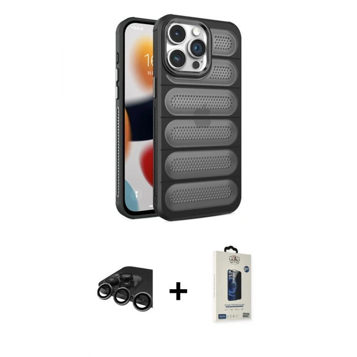 MARSİLYAN™- iPhone 15 Pro Max Kılıf Yadigar Doku Özel Seri - Siyah Bilvis Hayalet Cam Ekran Koruyucu + Raze Metal Kamera Lens - TMGI