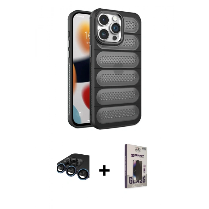 MARSİLYAN™- iPhone 15 Pro Max Kılıf Yadigar Doku Özel Seri - Siyah Bilvis Hayalet Cam Ekran Koruyucu + Raze Metal Kamera Lens - LT