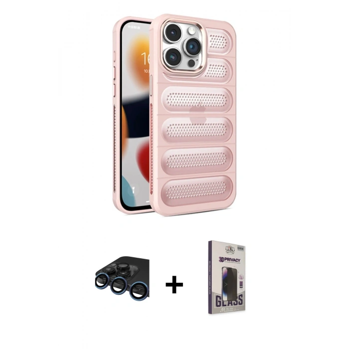 MARSİLYAN™- iPhone 15 Pro Max Kılıf Yadigar Doku Özel Seri - Siyah Bilvis Hayalet Cam Ekran Koruyucu + Raze Metal Kamera Lens - LT