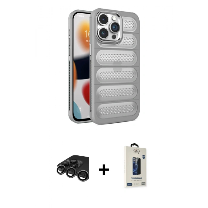 MARSİLYAN™- iPhone 15 Pro Max Kılıf Yadigar Doku Özel Seri - Siyah Bilvis Hayalet Cam Ekran Koruyucu + Raze Metal Kamera Lens - TMGI