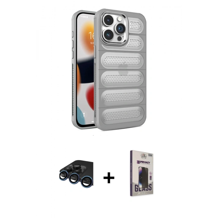 MARSİLYAN™- iPhone 15 Pro Max Kılıf Yadigar Doku Özel Seri - Siyah Bilvis Hayalet Cam Ekran Koruyucu + Raze Metal Kamera Lens - LT