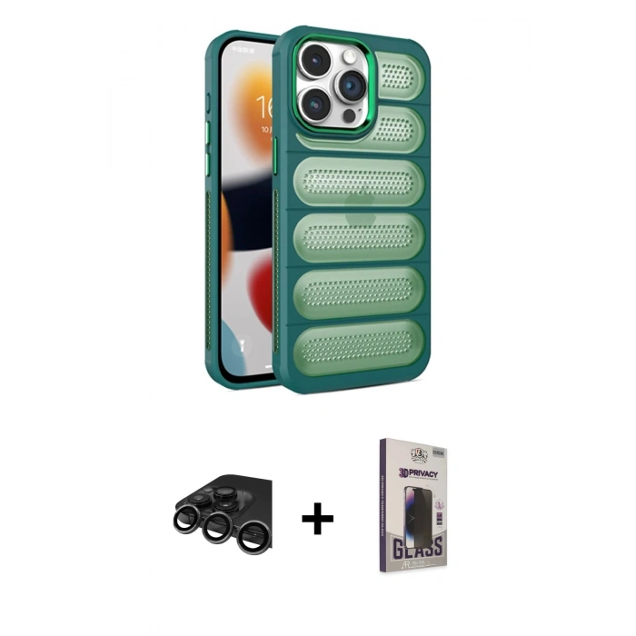 MARSİLYAN™- iPhone 15 Pro Max Kılıf Yadigar Doku Özel Seri - Siyah Bilvis Hayalet Cam Ekran Koruyucu + Raze Metal Kamera Lens - TMGI