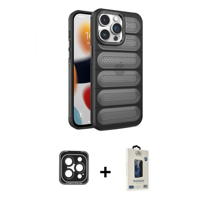 MARSİLYAN™- iPhone 15 Pro Max Kılıf Yadigar Doku Özel Seri - Siyah Bilvis Hayalet Cam Ekran Koruyucu + PVD Metal Kamera Lens - SH