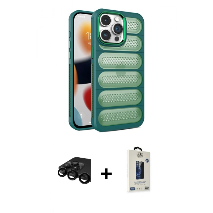 MARSİLYAN™- iPhone 15 Pro Max Kılıf Yadigar Doku Özel Seri - Siyah Bilvis Hayalet Cam Ekran Koruyucu + Raze Metal Kamera Lens - SH