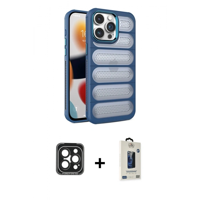 MARSİLYAN™- iPhone 15 Pro Max Kılıf Yadigar Doku Özel Seri - Siyah Bilvis Hayalet Cam Ekran Koruyucu + PVD Metal Kamera Lens - SH