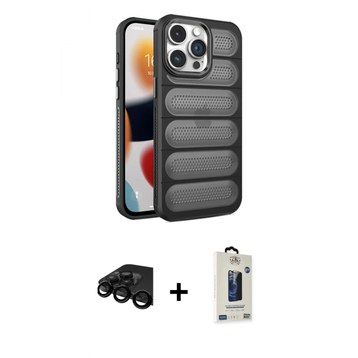 MARSİLYAN™- iPhone 15 Pro Max Kılıf Yadigar Doku Özel Seri - Siyah Bilvis Hayalet Cam Ekran Koruyucu + Raze Metal Kamera Lens - SH