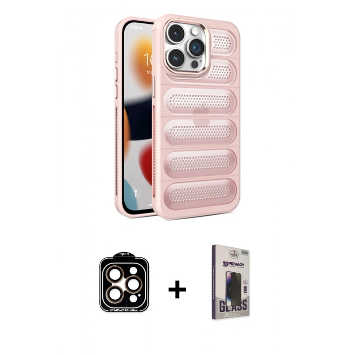 MARSİLYAN™- iPhone 15 Pro Max Kılıf Yadigar Doku Özel Seri - Siyah Bilvis Hayalet Cam Ekran Koruyucu + Turuncu PVD Metal Kamera Lens
