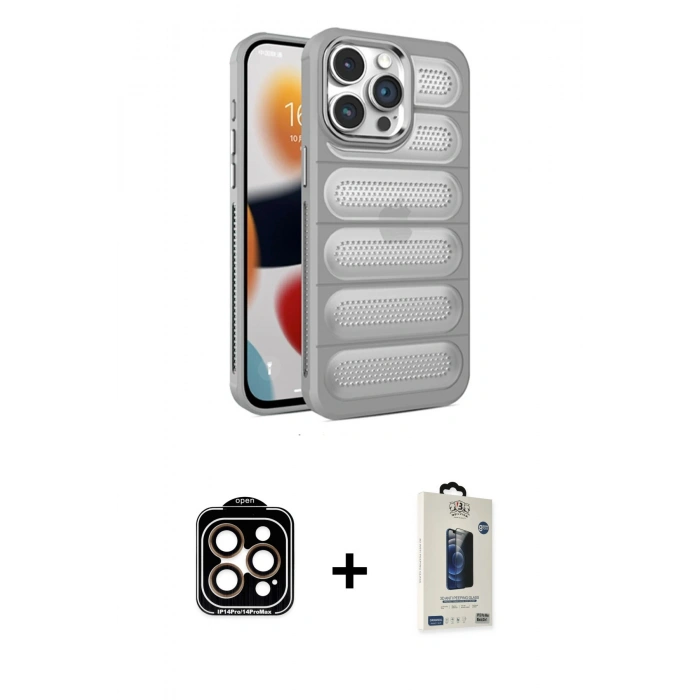 MARSİLYAN™- iPhone 15 Pro Max Kılıf Yadigar Doku Özel Seri - Siyah Bilvis Hayalet Cam Ekran Koruyucu + PVD Metal Kamera Lens - TU