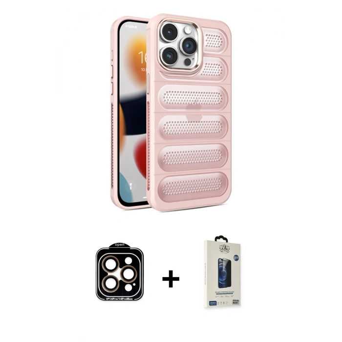 MARSİLYAN™- iPhone 15 Pro Max Kılıf Yadigar Doku Özel Seri - Siyah Bilvis Hayalet Cam Ekran Koruyucu + PVD Metal Kamera Lens - TU