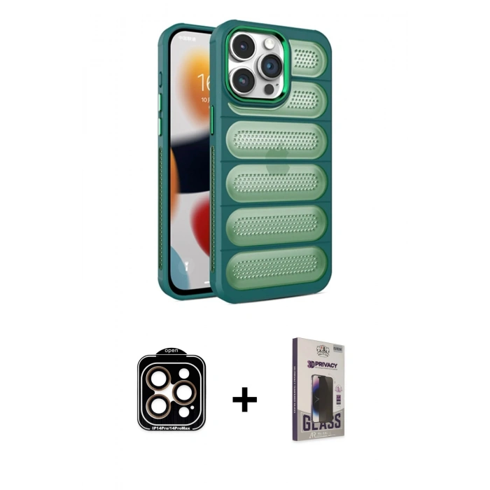 MARSİLYAN™- iPhone 15 Pro Max Kılıf Yadigar Doku Özel Seri - Siyah Bilvis Hayalet Cam Ekran Koruyucu + Turuncu PVD Metal Kamera Lens