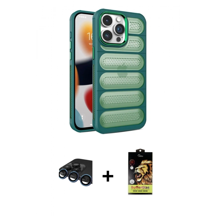 MARSİLYAN™- iPhone 15 Pro Max Kılıf Yadigar Doku Özel Seri - Siyah Buffer Cam Ekran Koruyucu + Raze Metal Kamera Lens - LT