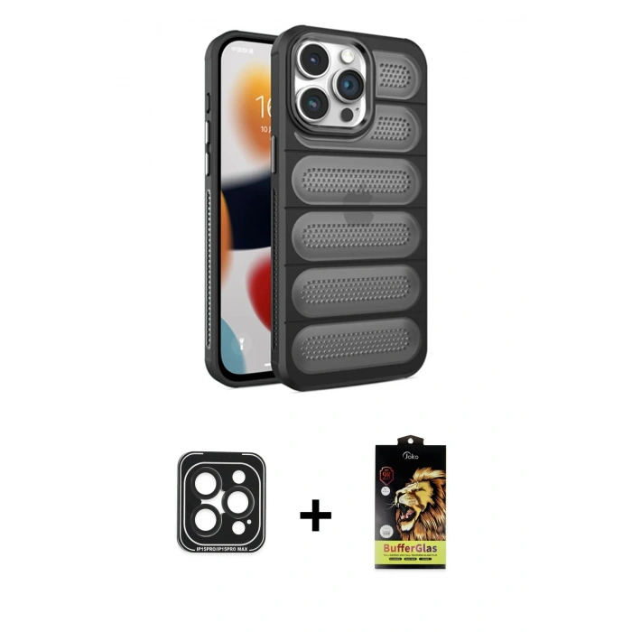 MARSİLYAN™- iPhone 15 Pro Max Kılıf Yadigar Doku Özel Seri - Siyah Buffer Cam Ekran Koruyucu + PVD Metal Kamera Lens - SH