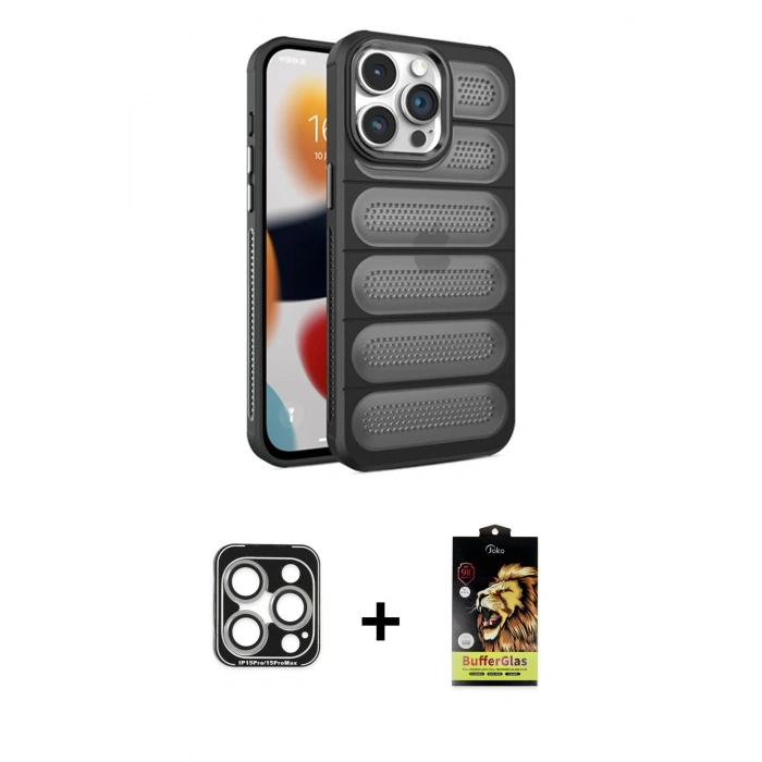 MARSİLYAN™- iPhone 15 Pro Max Kılıf Yadigar Doku Özel Seri - Siyah Buffer Cam Ekran Koruyucu + PVD Metal Kamera Lens - GS