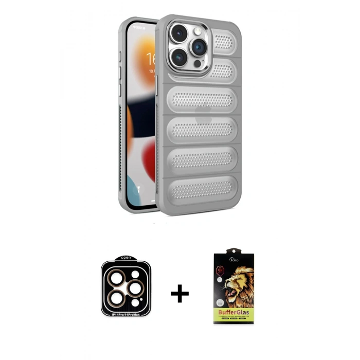 MARSİLYAN™- iPhone 15 Pro Max Kılıf Yadigar Doku Özel Seri - Siyah Buffer Cam Ekran Koruyucu + PVD Metal Kamera Lens - TU