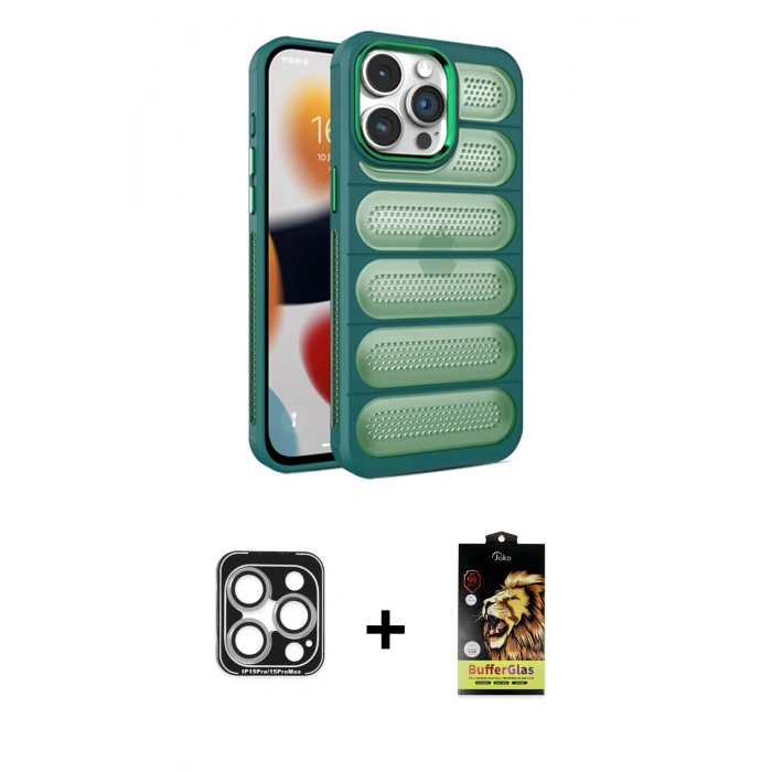 MARSİLYAN™- iPhone 15 Pro Max Kılıf Yadigar Doku Özel Seri - Siyah Buffer Cam Ekran Koruyucu + PVD Metal Kamera Lens - GS