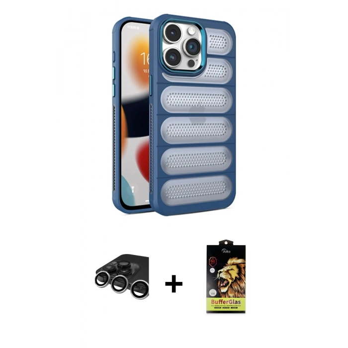 MARSİLYAN™- iPhone 15 Pro Max Kılıf Yadigar Doku Özel Seri - Siyah Buffer Cam Ekran Koruyucu + Raze Metal Kamera Lens - GS