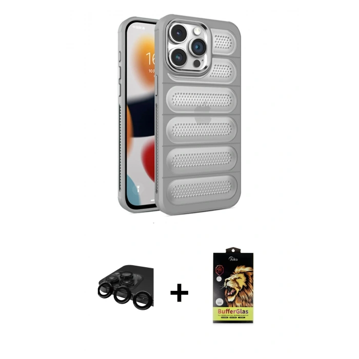 MARSİLYAN™- iPhone 15 Pro Max Kılıf Yadigar Doku Özel Seri - Siyah Buffer Cam Ekran Koruyucu + Siyah Raze Metal Kamera Lens