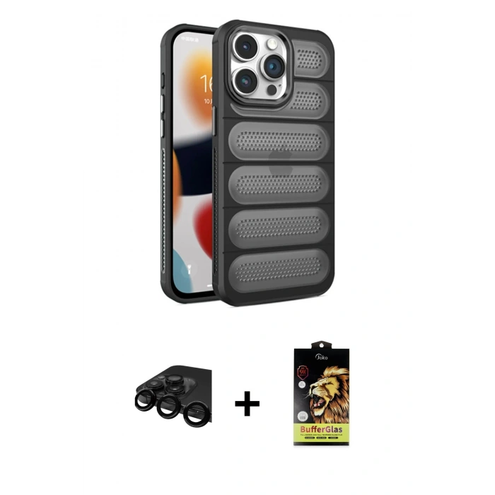 MARSİLYAN™- iPhone 15 Pro Max Kılıf Yadigar Doku Özel Seri - Siyah Buffer Cam Ekran Koruyucu + Siyah Raze Metal Kamera Lens