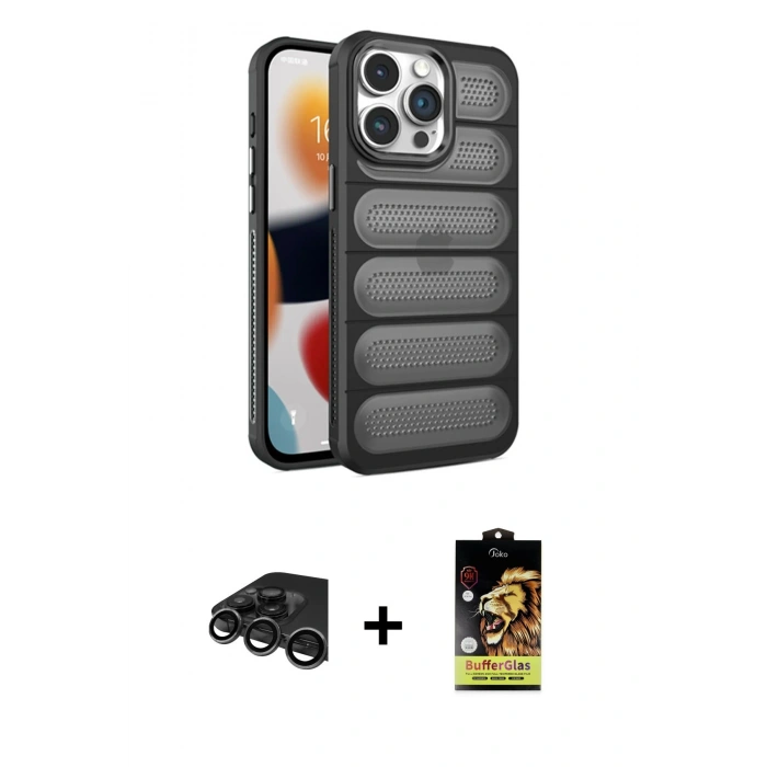 MARSİLYAN™- iPhone 15 Pro Max Kılıf Yadigar Doku Özel Seri - Siyah Buffer Cam Ekran Koruyucu + Raze Metal Kamera Lens - TMGI