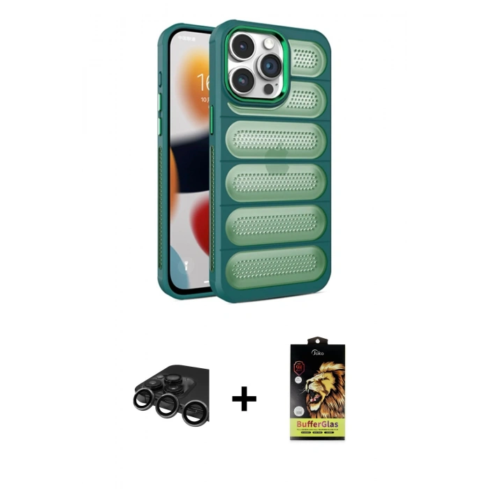 MARSİLYAN™- iPhone 15 Pro Max Kılıf Yadigar Doku Özel Seri - Siyah Buffer Cam Ekran Koruyucu + Raze Metal Kamera Lens - TMGI