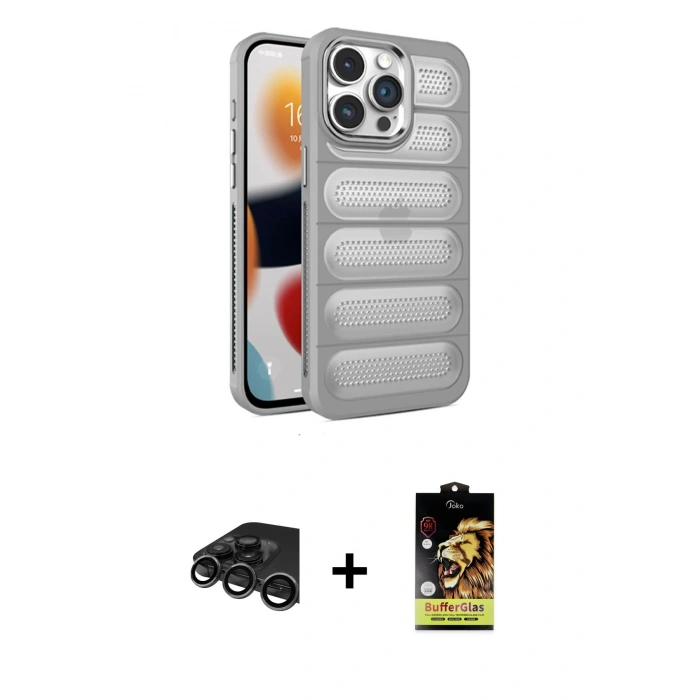 MARSİLYAN™- iPhone 15 Pro Max Kılıf Yadigar Doku Özel Seri - Siyah Buffer Cam Ekran Koruyucu + Raze Metal Kamera Lens - TMGI