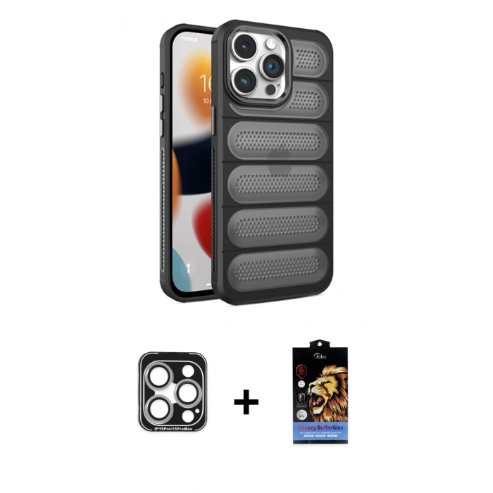 MARSİLYAN™- iPhone 15 Pro Max Kılıf Yadigar Doku Özel Seri - Siyah Buffer Hayalet Cam Ekran Koruyucu + Gümüş PVD Metal Kamera Lens