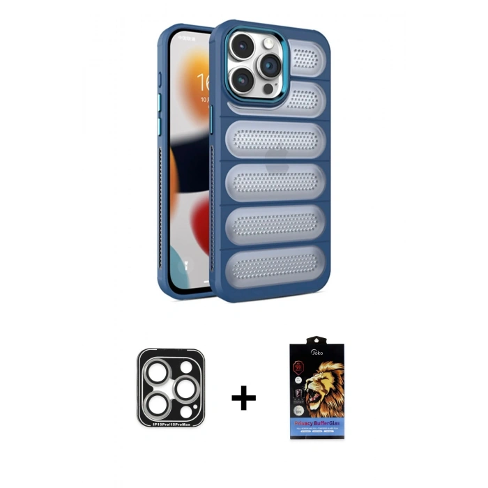 MARSİLYAN™- iPhone 15 Pro Max Kılıf Yadigar Doku Özel Seri - Siyah Buffer Hayalet Cam Ekran Koruyucu + Gümüş PVD Metal Kamera Lens