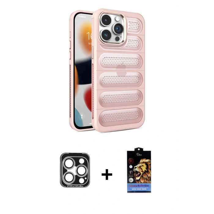 MARSİLYAN™- iPhone 15 Pro Max Kılıf Yadigar Doku Özel Seri - Siyah Buffer Hayalet Cam Ekran Koruyucu + Gümüş PVD Metal Kamera Lens