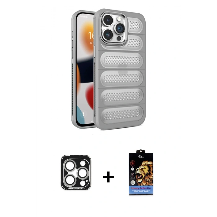 MARSİLYAN™- iPhone 15 Pro Max Kılıf Yadigar Doku Özel Seri - Siyah Buffer Hayalet Cam Ekran Koruyucu + Gümüş PVD Metal Kamera Lens