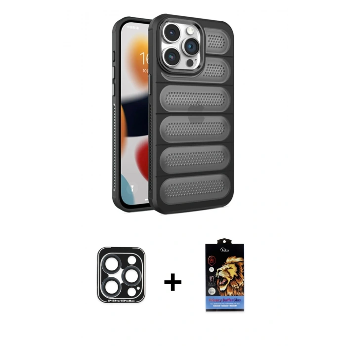 MARSİLYAN™- iPhone 15 Pro Max Kılıf Yadigar Doku Özel Seri - Siyah Buffer Hayalet Cam Ekran Koruyucu + PVD Metal Kamera Lens - LT