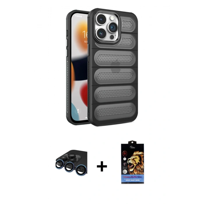 MARSİLYAN™- iPhone 15 Pro Max Kılıf Yadigar Doku Özel Seri - Siyah Buffer Hayalet Cam Ekran Koruyucu + Lacivert Raze Metal Kamera Lens