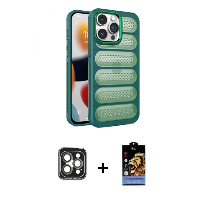 MARSİLYAN™- iPhone 15 Pro Max Kılıf Yadigar Doku Özel Seri - Siyah Buffer Hayalet Cam Ekran Koruyucu + PVD Metal Kamera Lens - GI