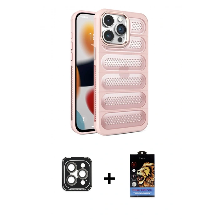 MARSİLYAN™- iPhone 15 Pro Max Kılıf Yadigar Doku Özel Seri - Siyah Buffer Hayalet Cam Ekran Koruyucu + PVD Metal Kamera Lens - GI