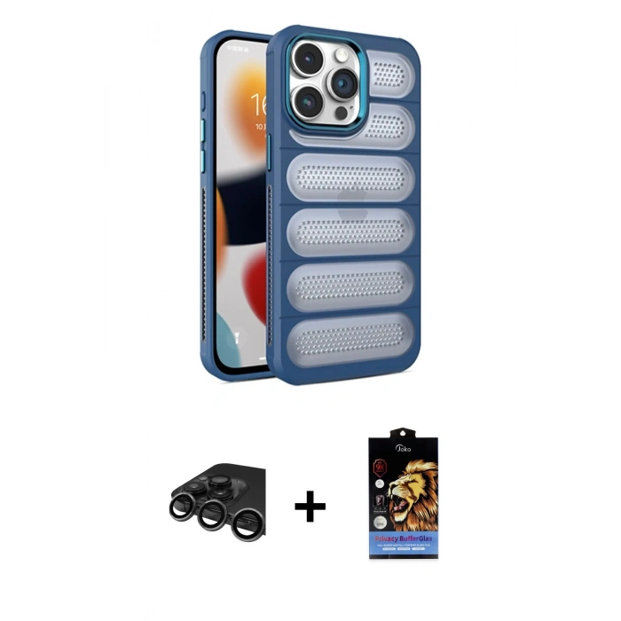 MARSİLYAN™- iPhone 15 Pro Max Kılıf Yadigar Doku Özel Seri - Siyah Buffer Hayalet Cam Ekran Koruyucu + Raze Metal Kamera Lens - TMGI