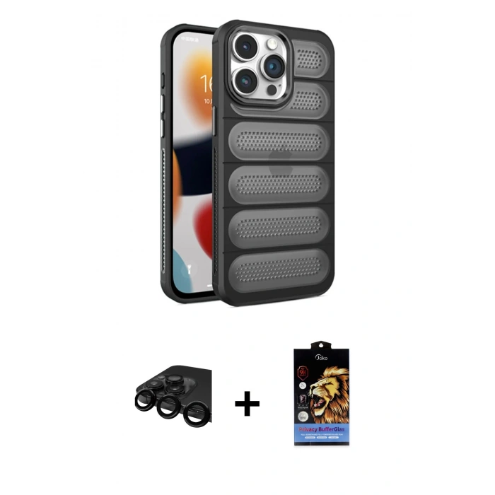 MARSİLYAN™- iPhone 15 Pro Max Kılıf Yadigar Doku Özel Seri - Siyah Buffer Hayalet Cam Ekran Koruyucu + Raze Metal Kamera Lens - SH