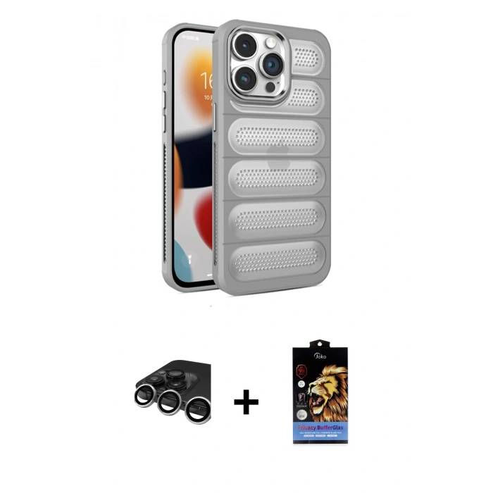 MARSİLYAN™- iPhone 15 Pro Max Kılıf Yadigar Doku Özel Seri - Siyah Buffer Hayalet Cam Ekran Koruyucu + Raze Metal Kamera Lens - GS