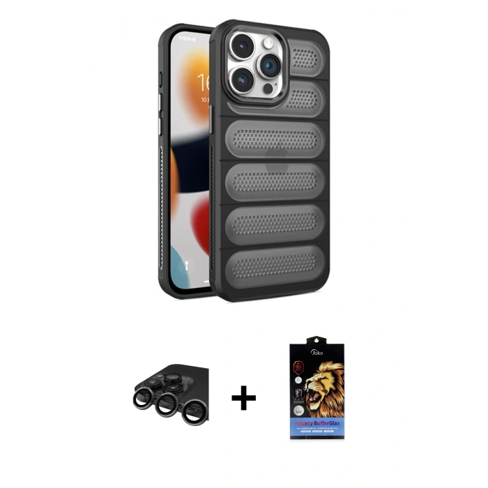 MARSİLYAN™- iPhone 15 Pro Max Kılıf Yadigar Doku Özel Seri - Siyah Buffer Hayalet Cam Ekran Koruyucu + Raze Metal Kamera Lens - TMGI