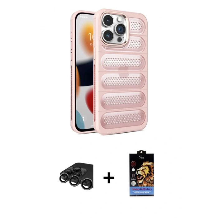 MARSİLYAN™- iPhone 15 Pro Max Kılıf Yadigar Doku Özel Seri - Siyah Buffer Hayalet Cam Ekran Koruyucu + Raze Metal Kamera Lens - TMGI