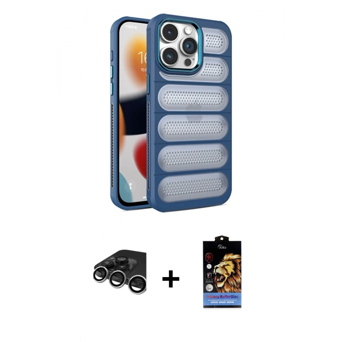 MARSİLYAN™- iPhone 15 Pro Max Kılıf Yadigar Doku Özel Seri - Siyah Buffer Hayalet Cam Ekran Koruyucu + Raze Metal Kamera Lens - GS