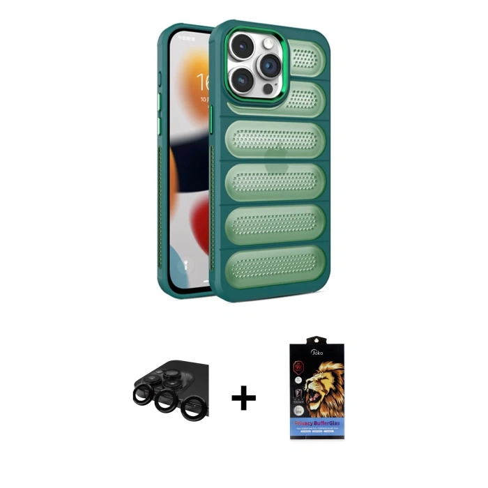 MARSİLYAN™- iPhone 15 Pro Max Kılıf Yadigar Doku Özel Seri - Siyah Buffer Hayalet Cam Ekran Koruyucu + Raze Metal Kamera Lens - SH
