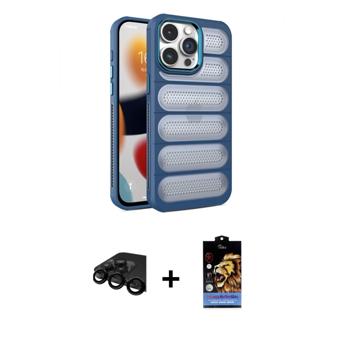 MARSİLYAN™- iPhone 15 Pro Max Kılıf Yadigar Doku Özel Seri - Siyah Buffer Hayalet Cam Ekran Koruyucu + Raze Metal Kamera Lens - SH