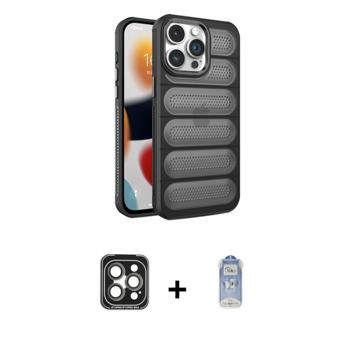 MARSİLYAN™- iPhone 15 Pro Max Kılıf Yadigar Doku Özel Seri - Siyah Joko Magic 5D Cam + PVD Metal Kamera Lens - GI