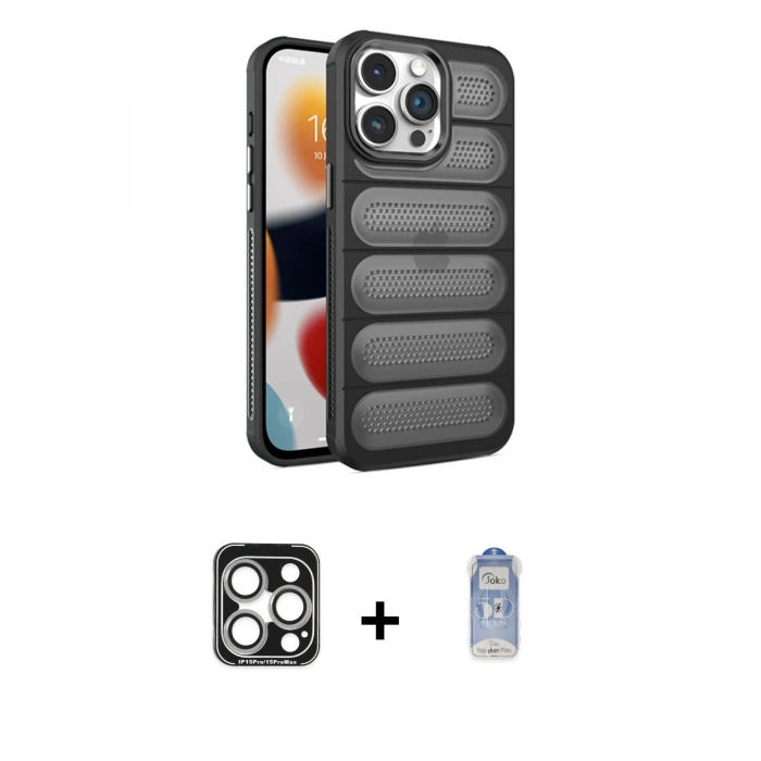 MARSİLYAN™- iPhone 15 Pro Max Kılıf Yadigar Doku Özel Seri - Siyah Joko Magic 5D Cam + PVD Metal Kamera Lens - GS