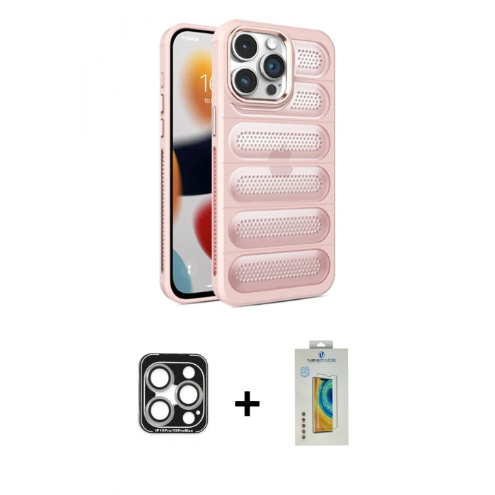MARSİLYAN™- iPhone 15 Pro Max Kılıf Yadigar Doku Özel Seri - Siyah Polymer Nano Ekran Koruyucu + PVD Metal Kamera Lens - GS