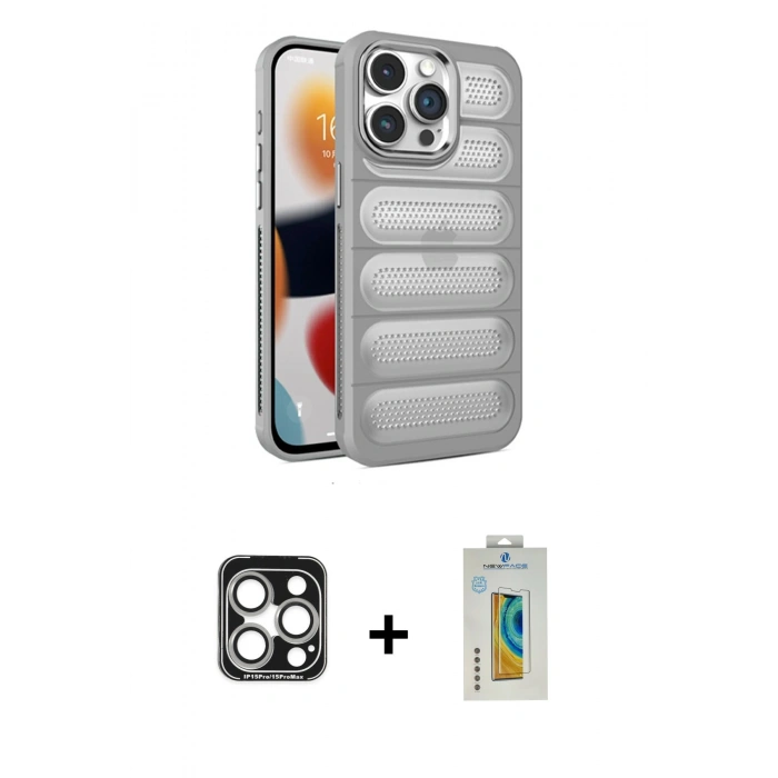 MARSİLYAN™- iPhone 15 Pro Max Kılıf Yadigar Doku Özel Seri - Siyah Polymer Nano Ekran Koruyucu + PVD Metal Kamera Lens - GS