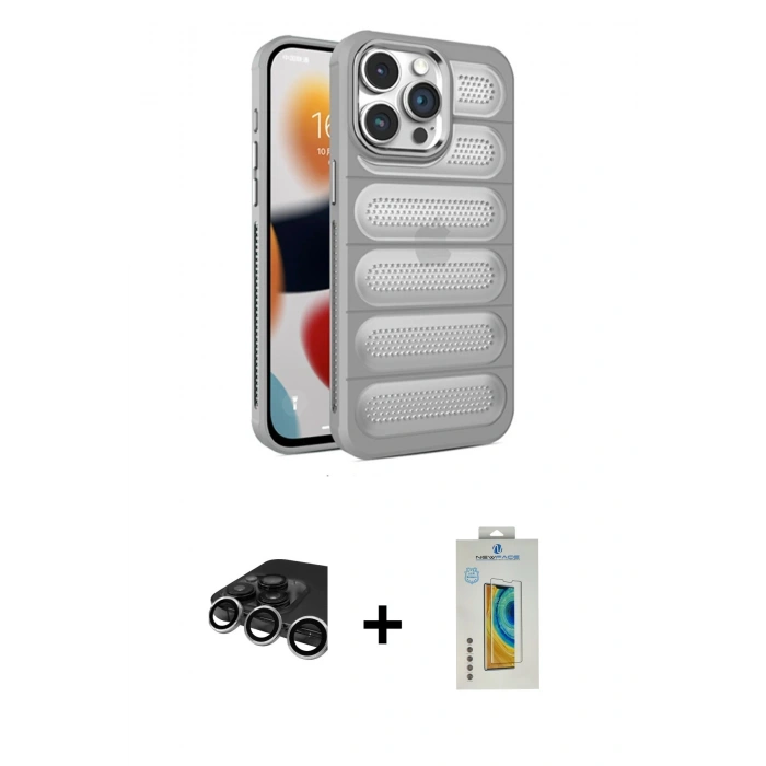 MARSİLYAN™- iPhone 15 Pro Max Kılıf Yadigar Doku Özel Seri - Siyah Polymer Nano Ekran Koruyucu + Raze Metal Kamera Lens - GS