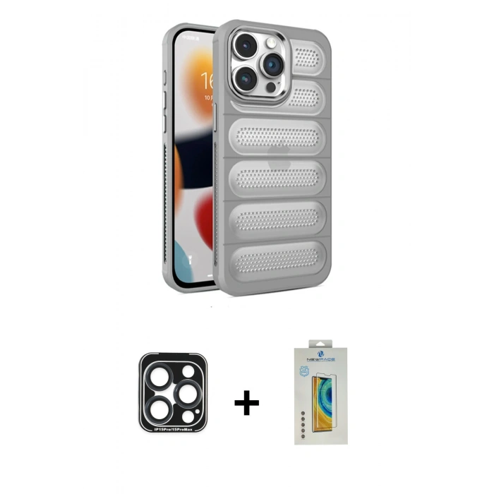 MARSİLYAN™- iPhone 15 Pro Max Kılıf Yadigar Doku Özel Seri - Siyah Polymer Nano Ekran Koruyucu + PVD Metal Kamera Lens - LT